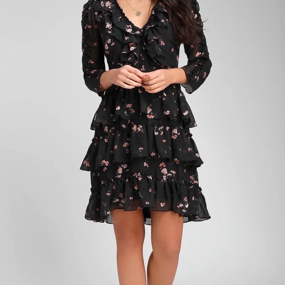 Lulu's Growing Affection Black Floral Print Ruffled Mini Dress Size Small